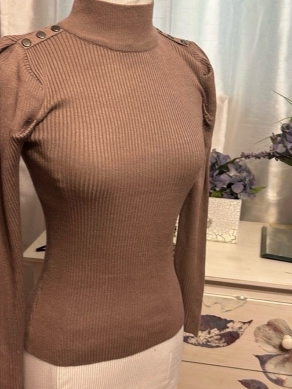 Tahari Mock Neck Sweater in Cocoa - Picture 5 of 8